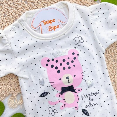 Kit 3 Peças - Bodys Manga Curta Oncinhas - Rosa, Rose e Off White